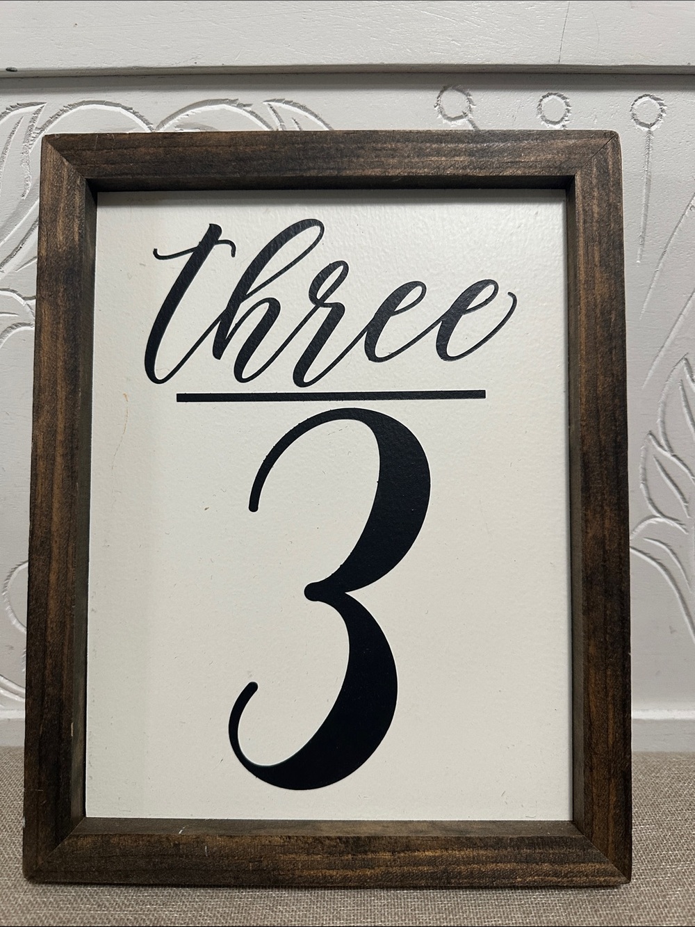 Framed 'Three' Wall Art Sign in Black and White
